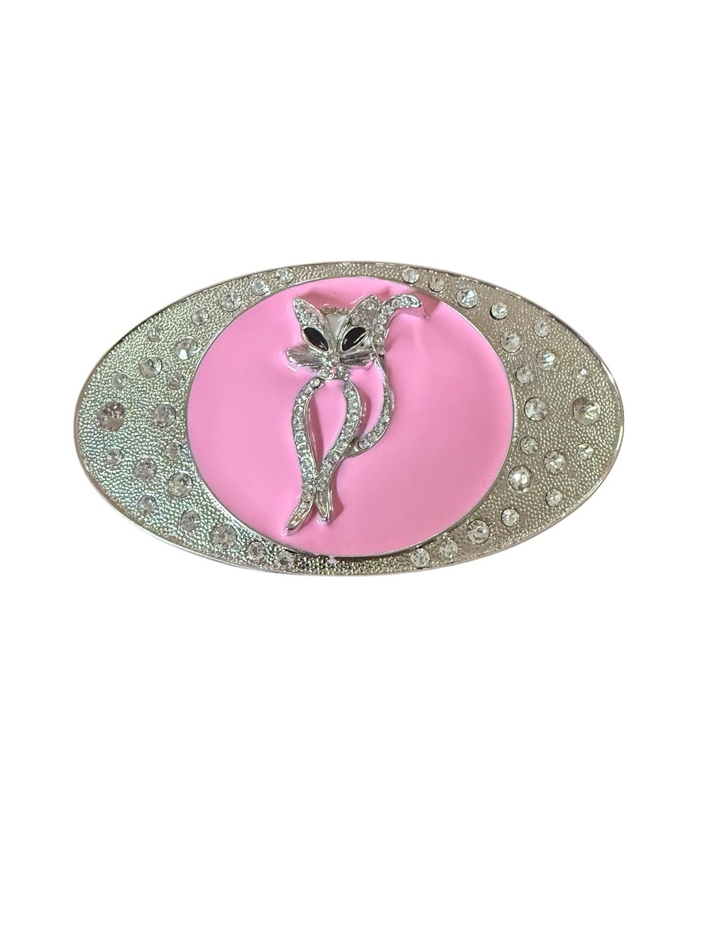 Vintage Siamese Cat Bedazzled Belt Buckle Y2K Rhinestone Oval Hot Pink Silver